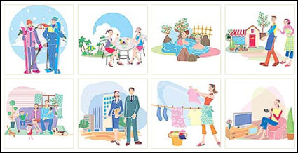 Cartoon family, school, people, furniture